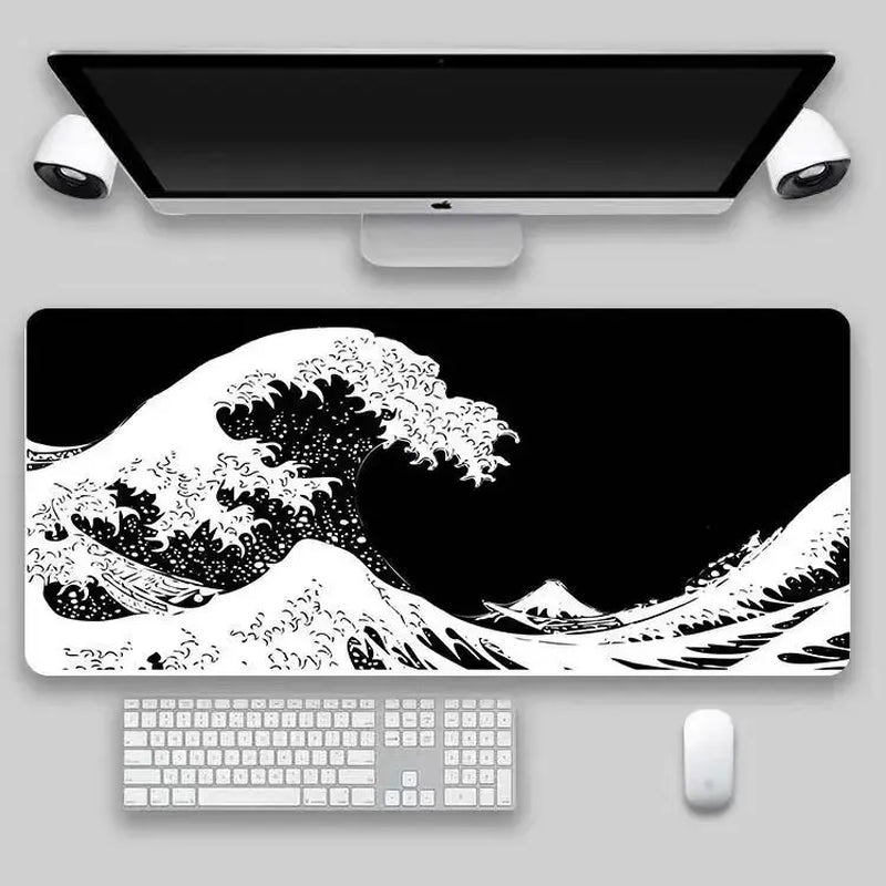 1Pcs Black Sea Wave Large Mouse Pad 600*300Mm Extended Gaming Mouse Pad Desktop Pad with Stitched Non-Slip Rubber Base Keyboard