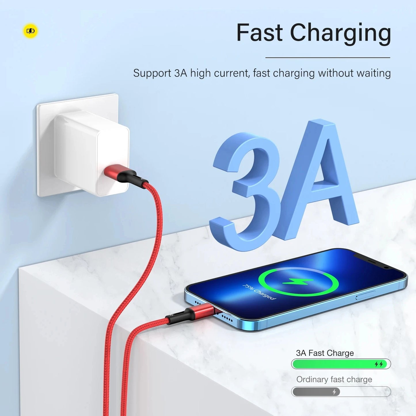 3A USB Cable for Iphone 14 13 12 11 Pro Max X XR 6S 7 8 plus 2M 3M Lead Mobile Phone Fast Charging Cord Data Charger Wire