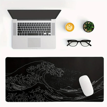1Pcs Black Sea Wave Large Mouse Pad 600*300Mm Extended Gaming Mouse Pad Desktop Pad with Stitched Non-Slip Rubber Base Keyboard