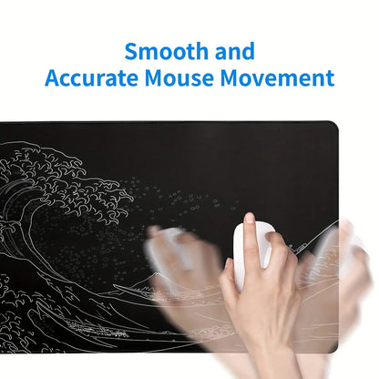 1Pcs Black Sea Wave Large Mouse Pad 600*300Mm Extended Gaming Mouse Pad Desktop Pad with Stitched Non-Slip Rubber Base Keyboard