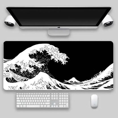 1Pcs Black Sea Wave Large Mouse Pad 600*300Mm Extended Gaming Mouse Pad Desktop Pad with Stitched Non-Slip Rubber Base Keyboard
