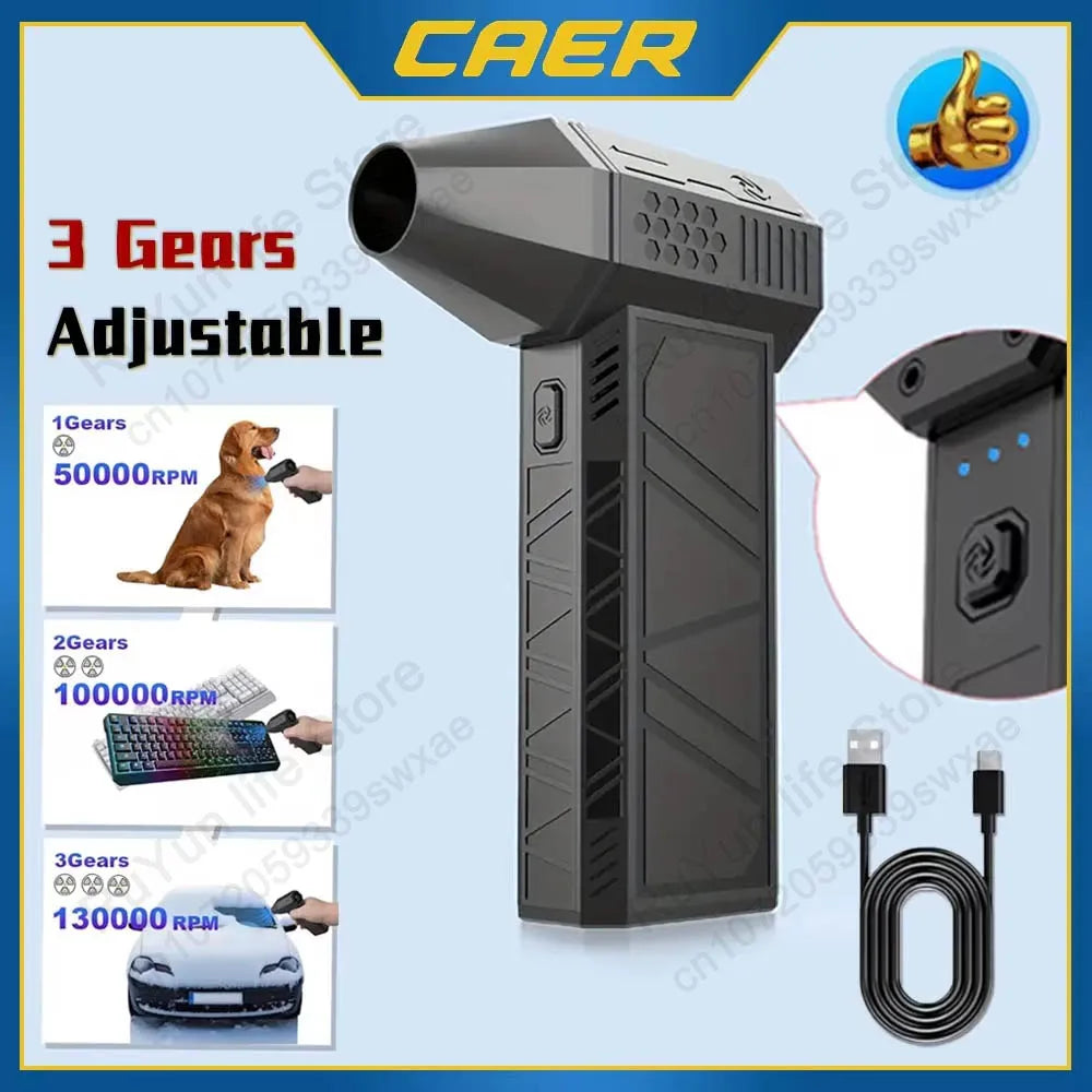 Mini Turbo Jet Fan Electric Air Duster - Adjustable 3-Speed Cleaning Blower Tool with 130,000 RPM and 52 m/s Wind Speed for Car and Computer Maintenance