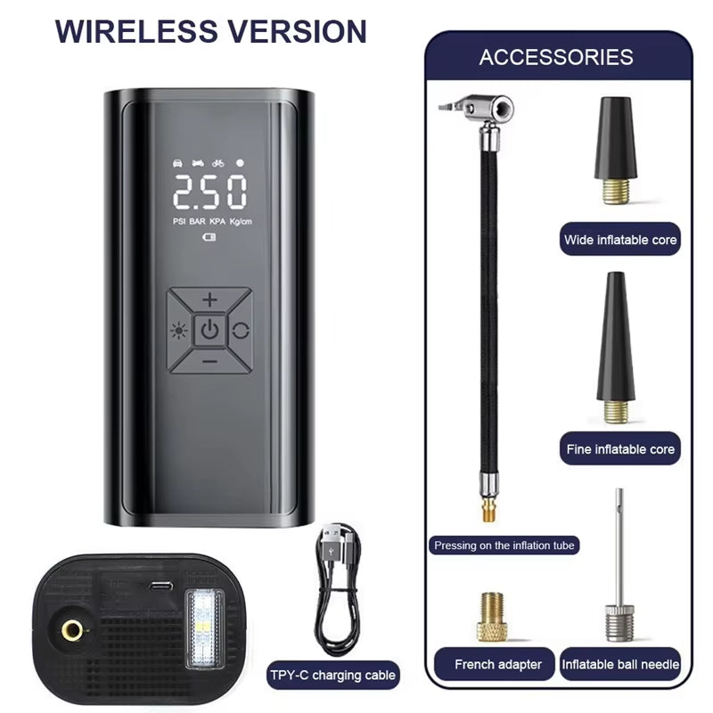 Wireless Electric Car Air Compressor: Portable Tire Inflator for Motorcycles, Bicycles, Boats, and More