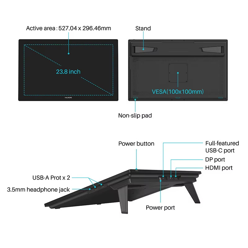 23.8 Inch  Kamvas Pro 24 4K Graphics Tablet Screen 140% Srgb Full-Laminated Professional Drawing Monitor Built-In Stand